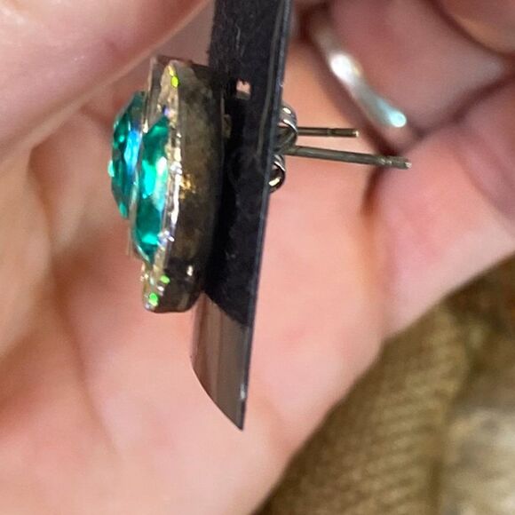 Emerald Colored Earrings with Rhinestone Frame Post Backs - Picture 3 of 4